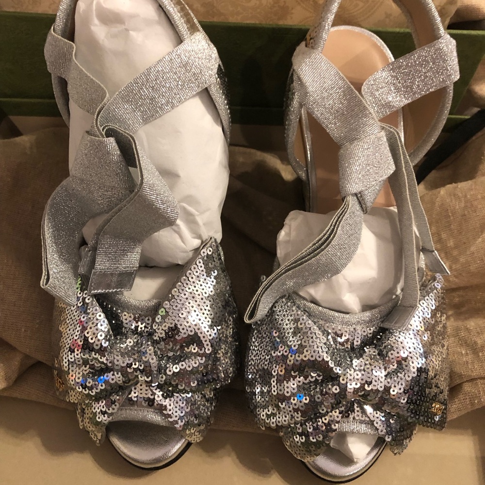New Gucci sequins silver espadrilles paillett sandals size 7